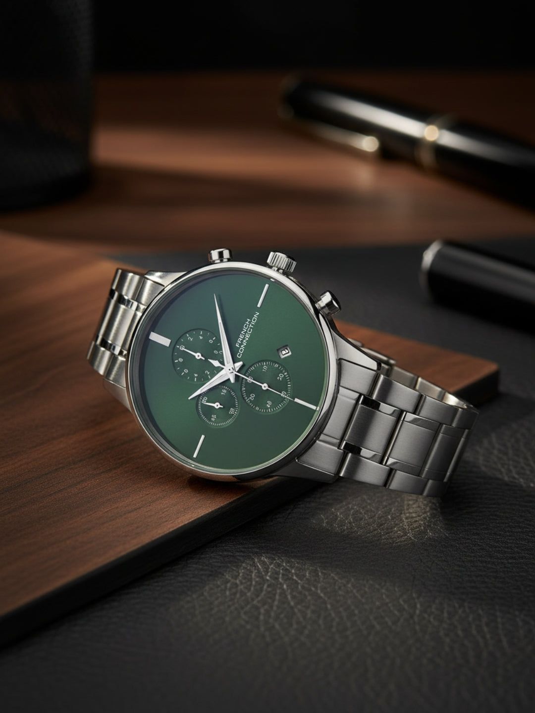 French Connection Green Embossed Round Dial With Stainless Steel Strap Chronograph Watch - For Mens FCO5NSM