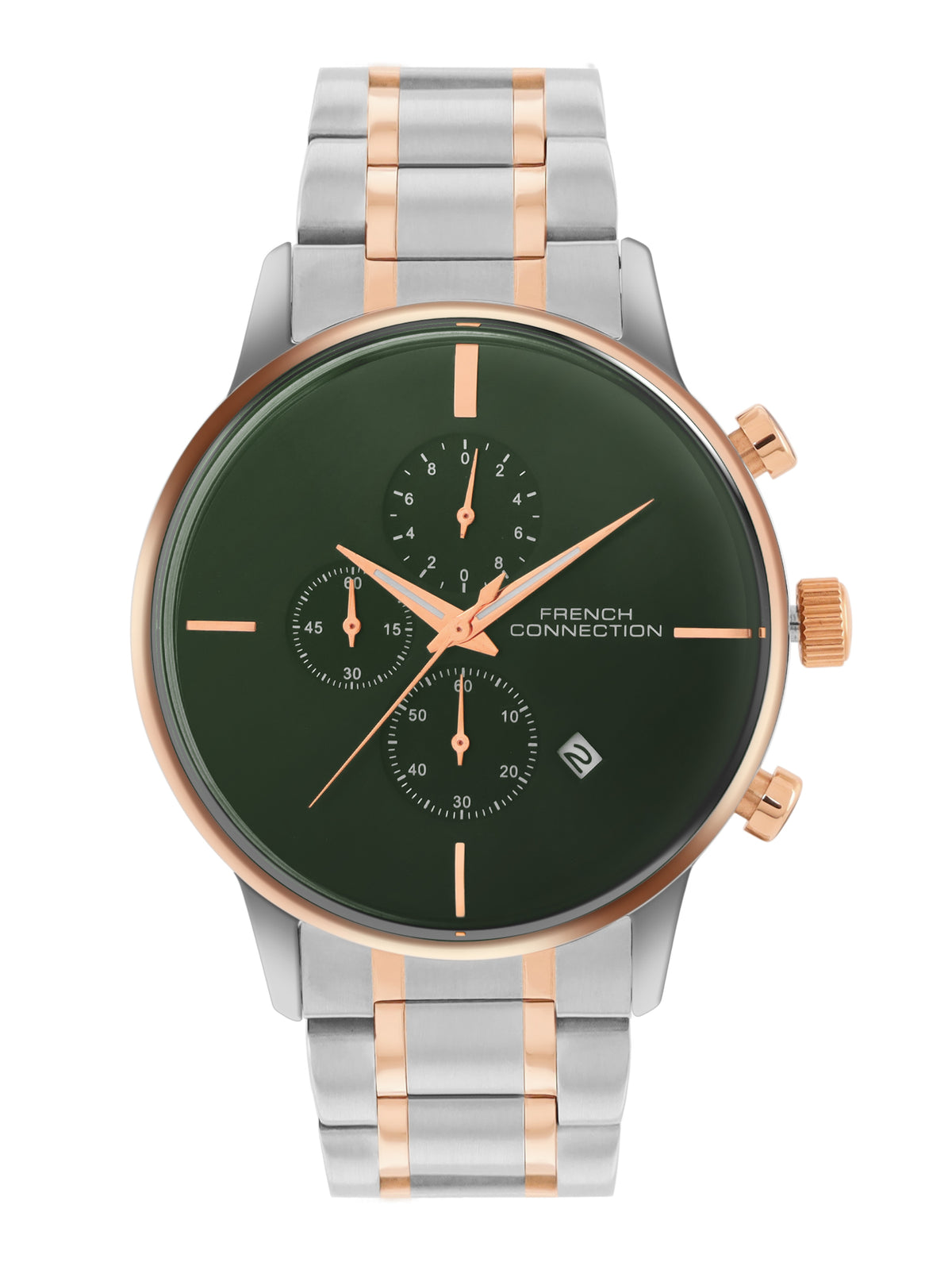 French Connection Green Embossed Round Dial With Rose Stainless Steel Strap Chronograph Watch - For Mens FCO5RTM