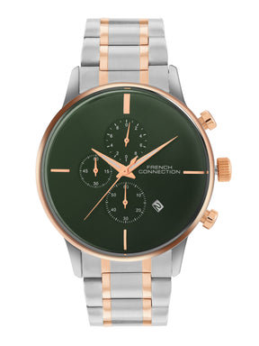 French Connection Green Embossed Round Dial With Rose Stainless Steel Strap Chronograph Watch - For Mens FCO5RTM