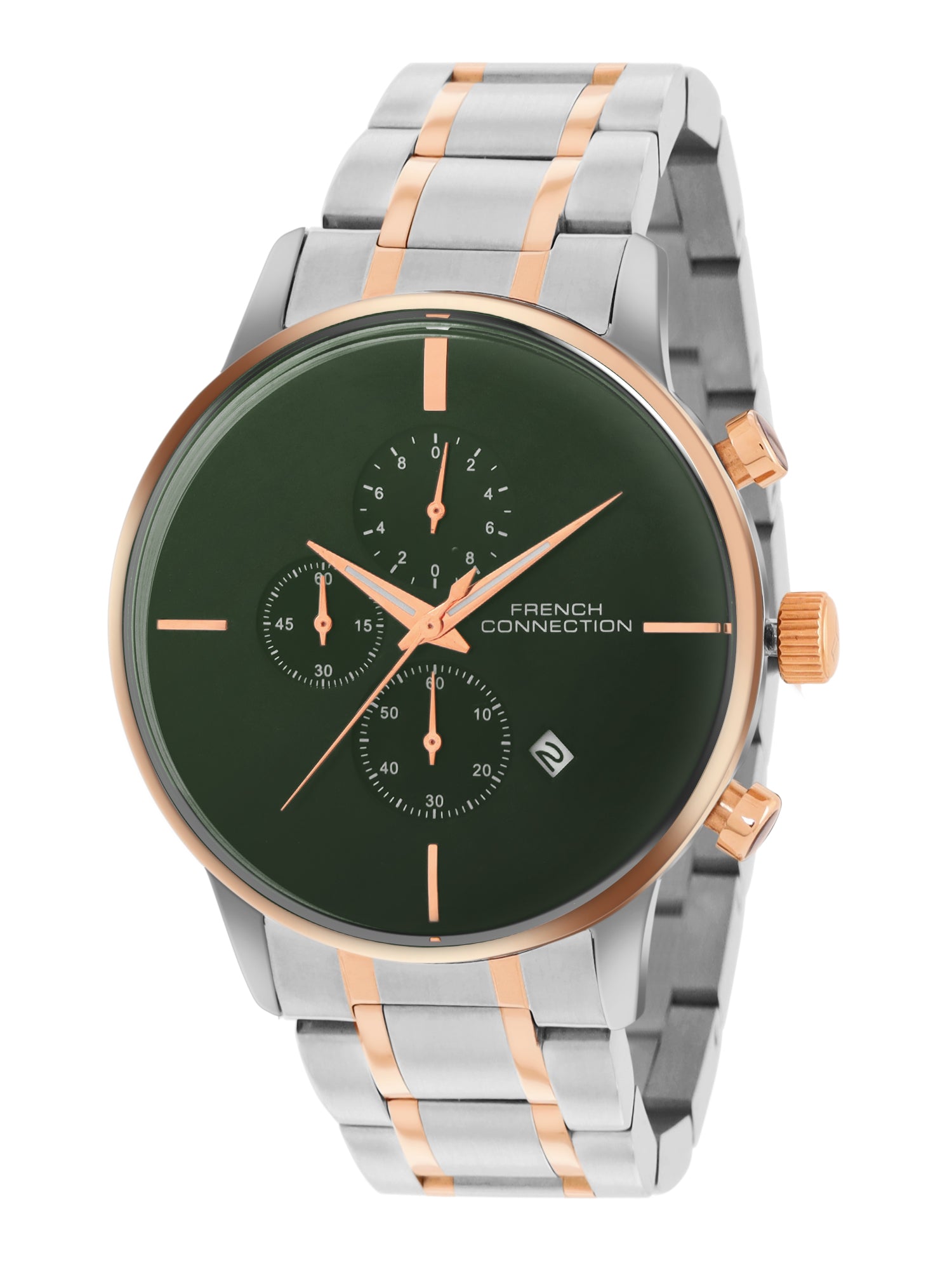 French Connection Green Embossed Round Dial With Rose Stainless Steel Strap Chronograph Watch - For Mens FCO5RTM
