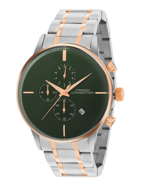 French Connection Green Embossed Round Dial With Rose Stainless Steel Strap Chronograph Watch - For Mens FCO5RTM