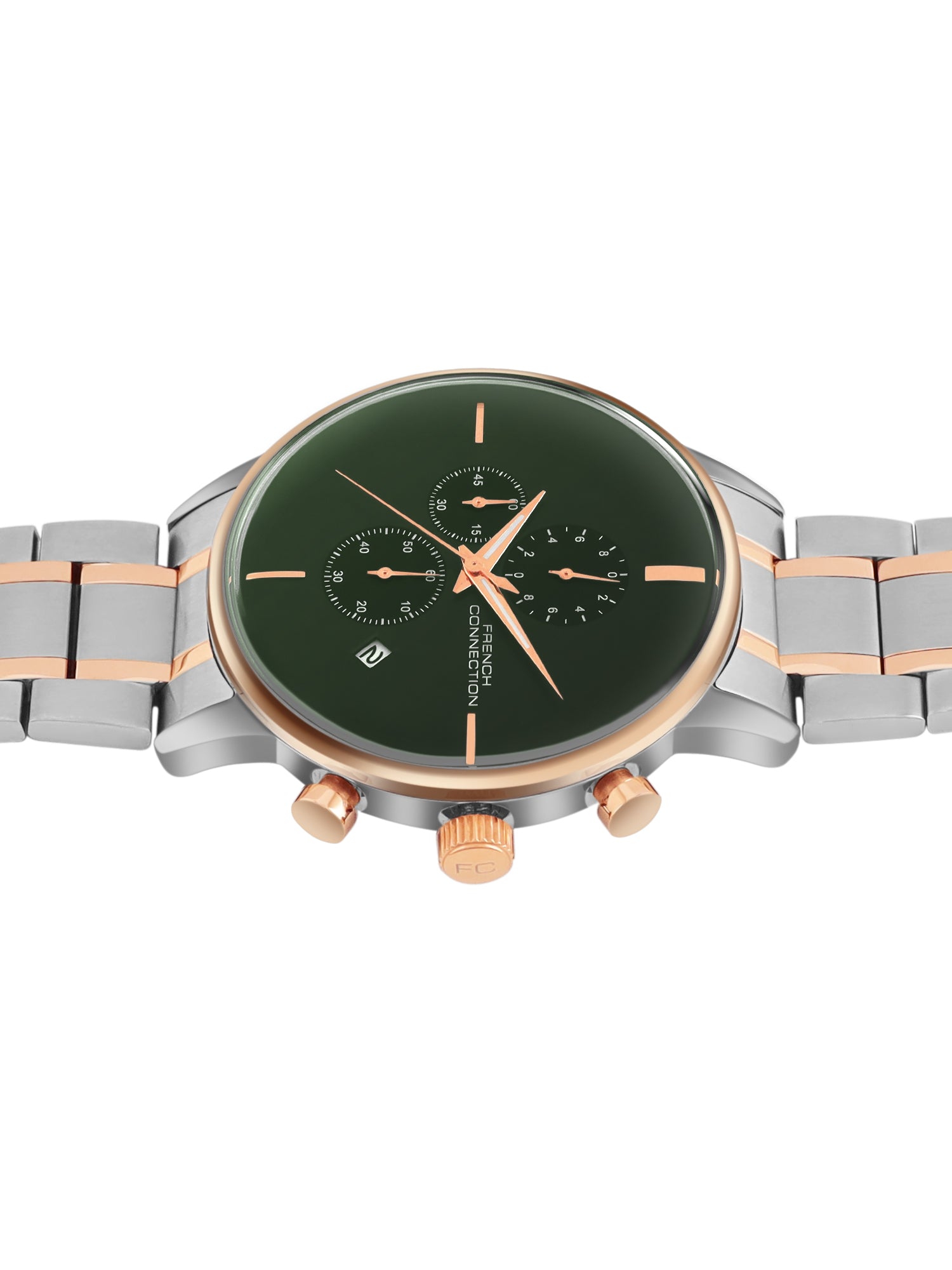 French Connection Green Embossed Round Dial With Rose Stainless Steel Strap Chronograph Watch - For Mens FCO5RTM