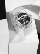 French Connection FCA09-5 automatic watch for men with black textured round dial and white bracelet-style silicon strap