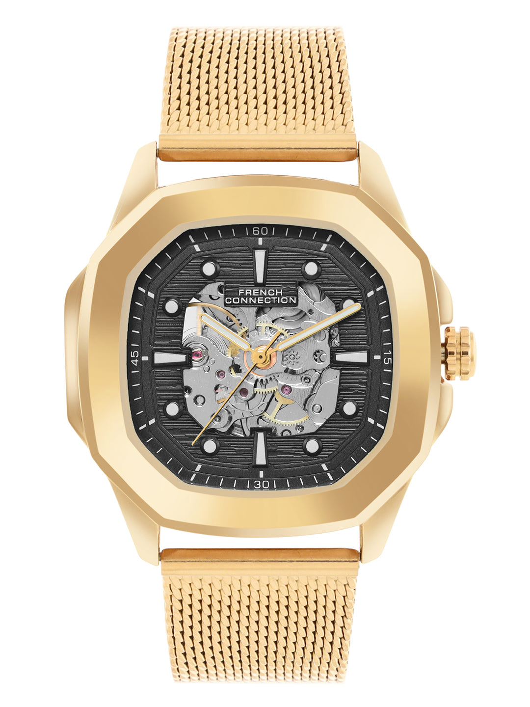 French Connection FCA13GM Men's Automatic Watch – Black Dial with Gold Mesh Strap