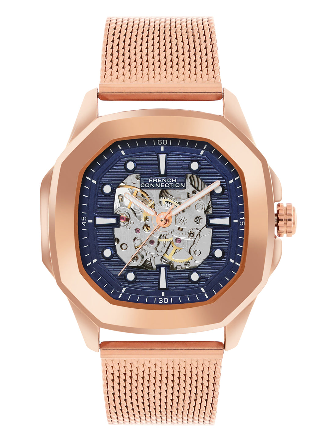 French Connection FCA13RGM Men's Automatic Watch – Blue Dial with Rose Gold Mesh Strap