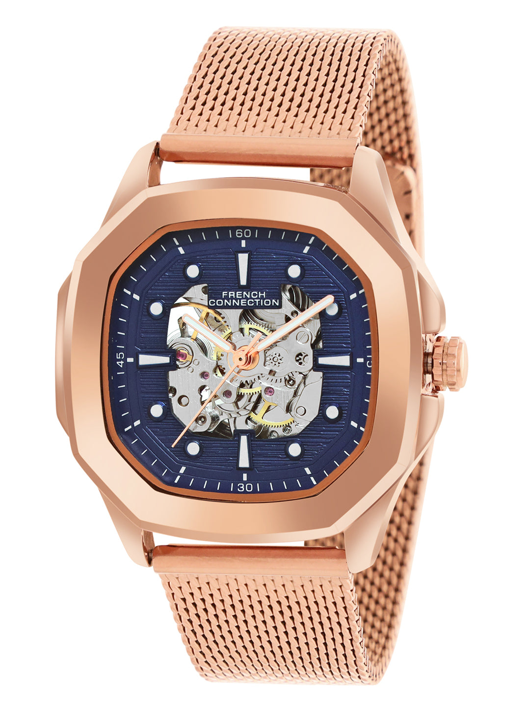 French Connection FCA13RGM Men's Automatic Watch – Blue Dial with Rose Gold Mesh Strap