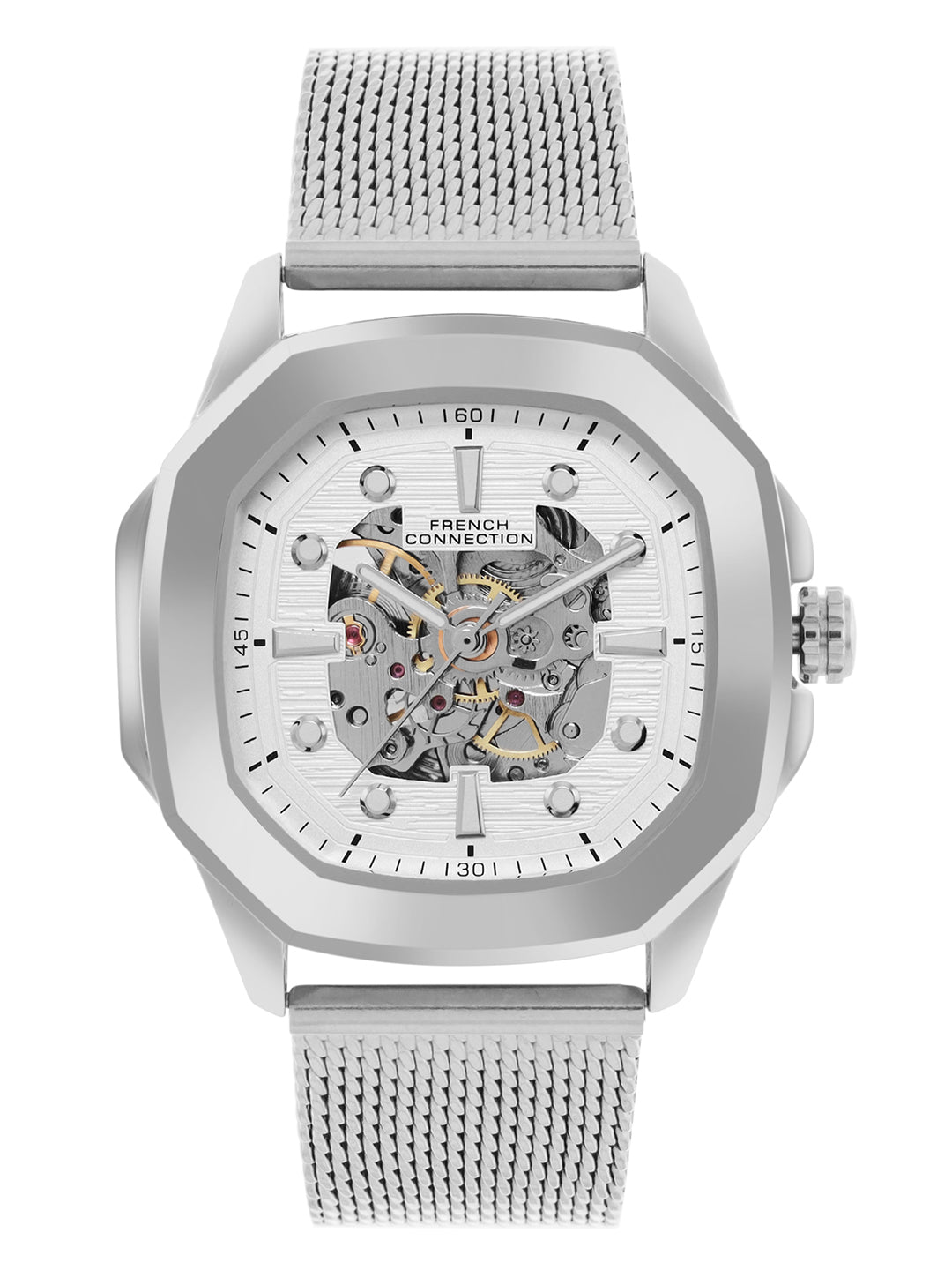 French Connection Men's Automatic Watch Silver Mesh Strap & Silver Dial