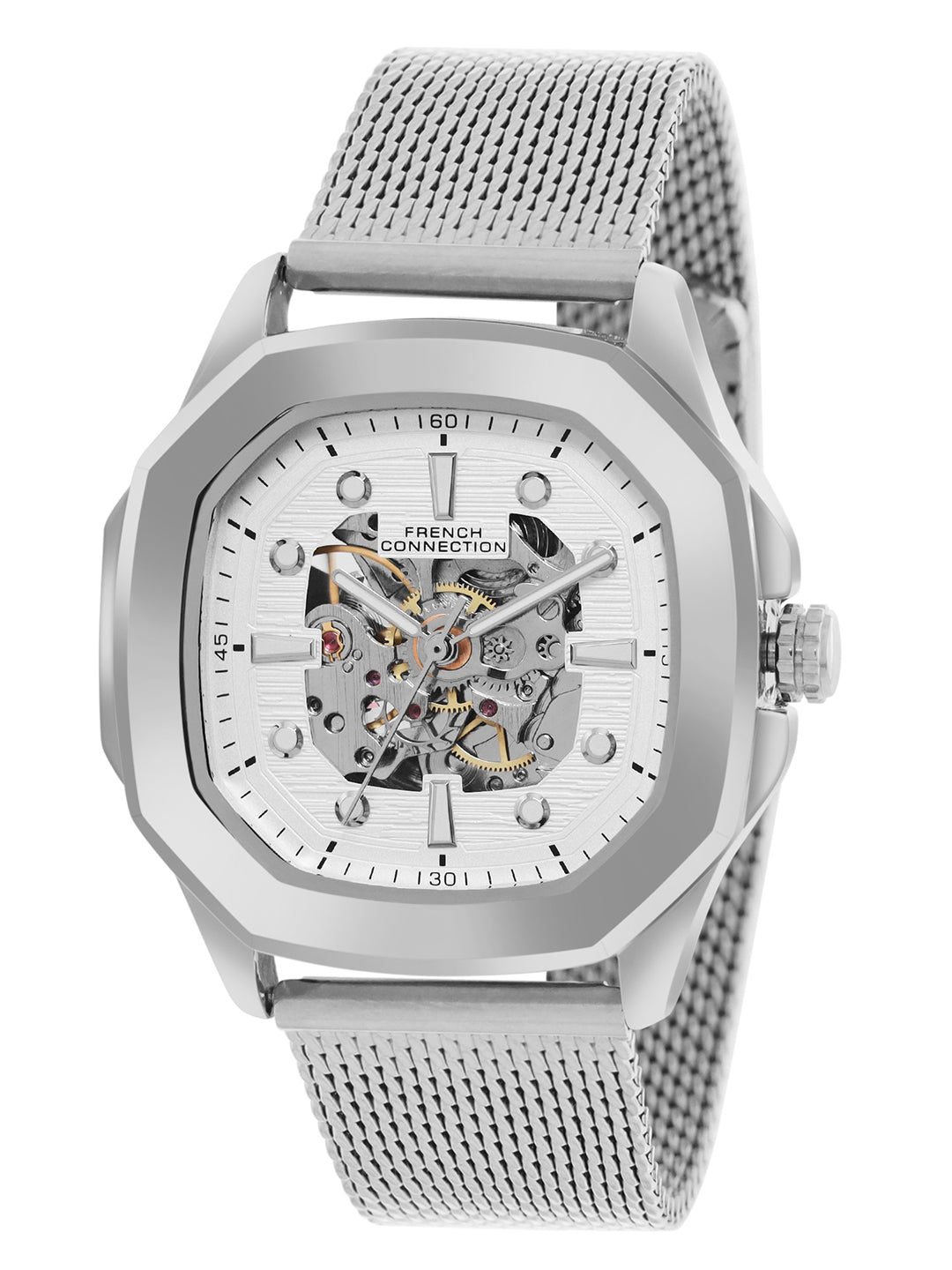 French Connection Men's Automatic Watch Silver Mesh Strap & Silver Dial