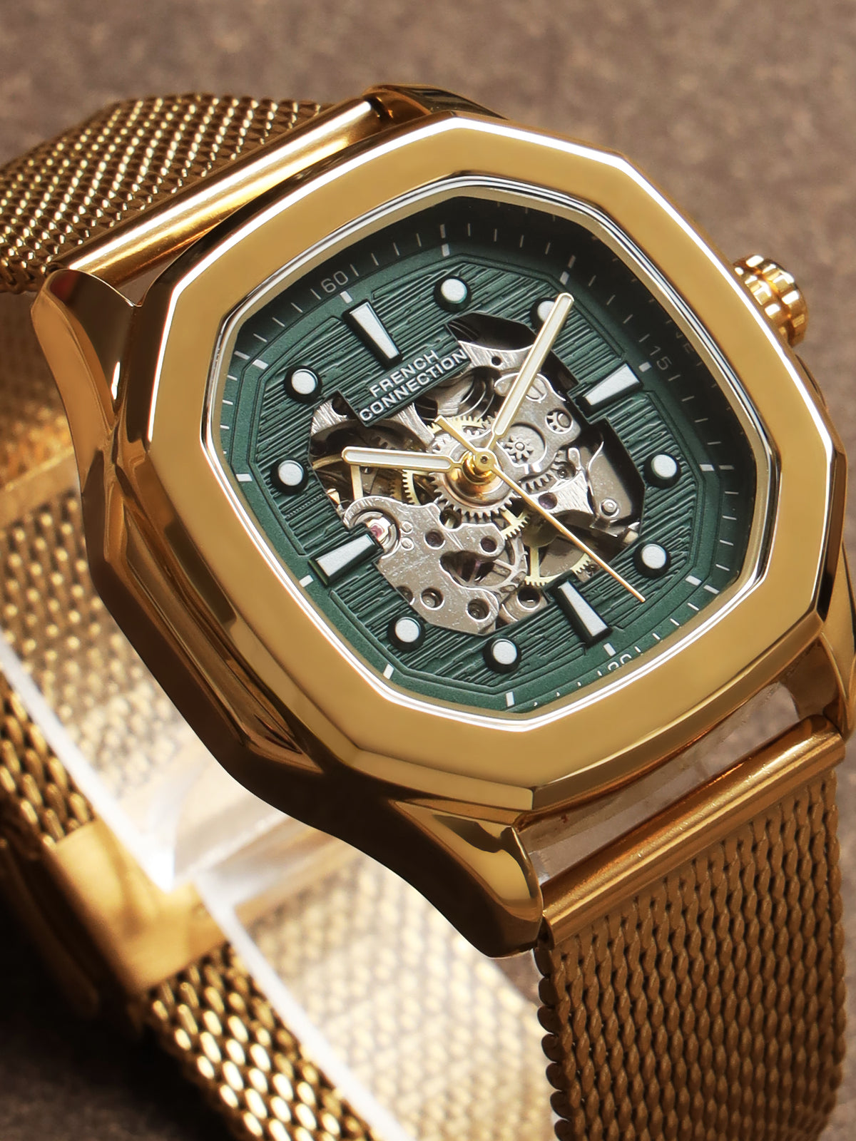 French Connection FCA13USM Men's Automatic Watch – Green Dial with Gold Mesh Strap