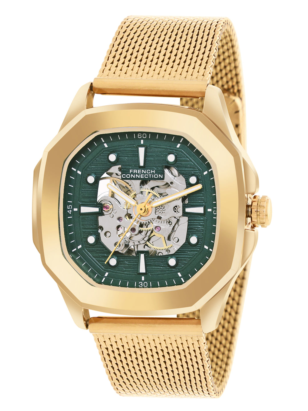 French Connection FCA13USM Men's Automatic Watch – Green Dial with Gold Mesh Strap