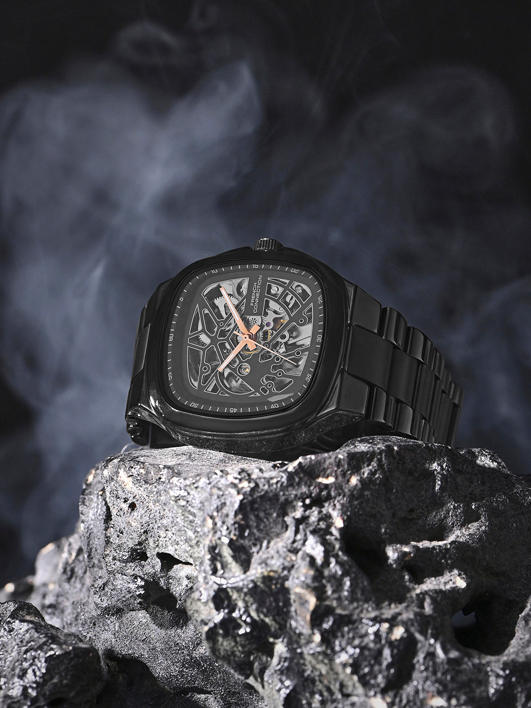 French Connection See Through Black Square Dial With Stainless Steel Strap Automatic Watch - For Mens FCA16BM