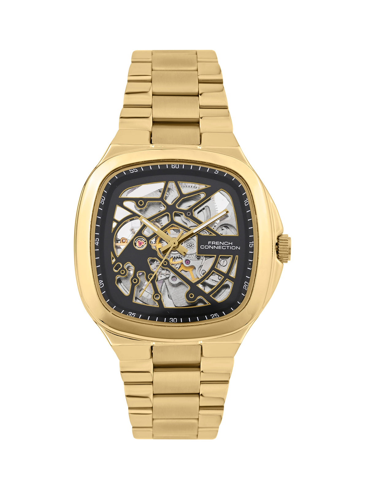 French Connection See Through Black Square Dial With Gold Stainless Steel  Strap Automatic Watch - For Mens FCA16GM