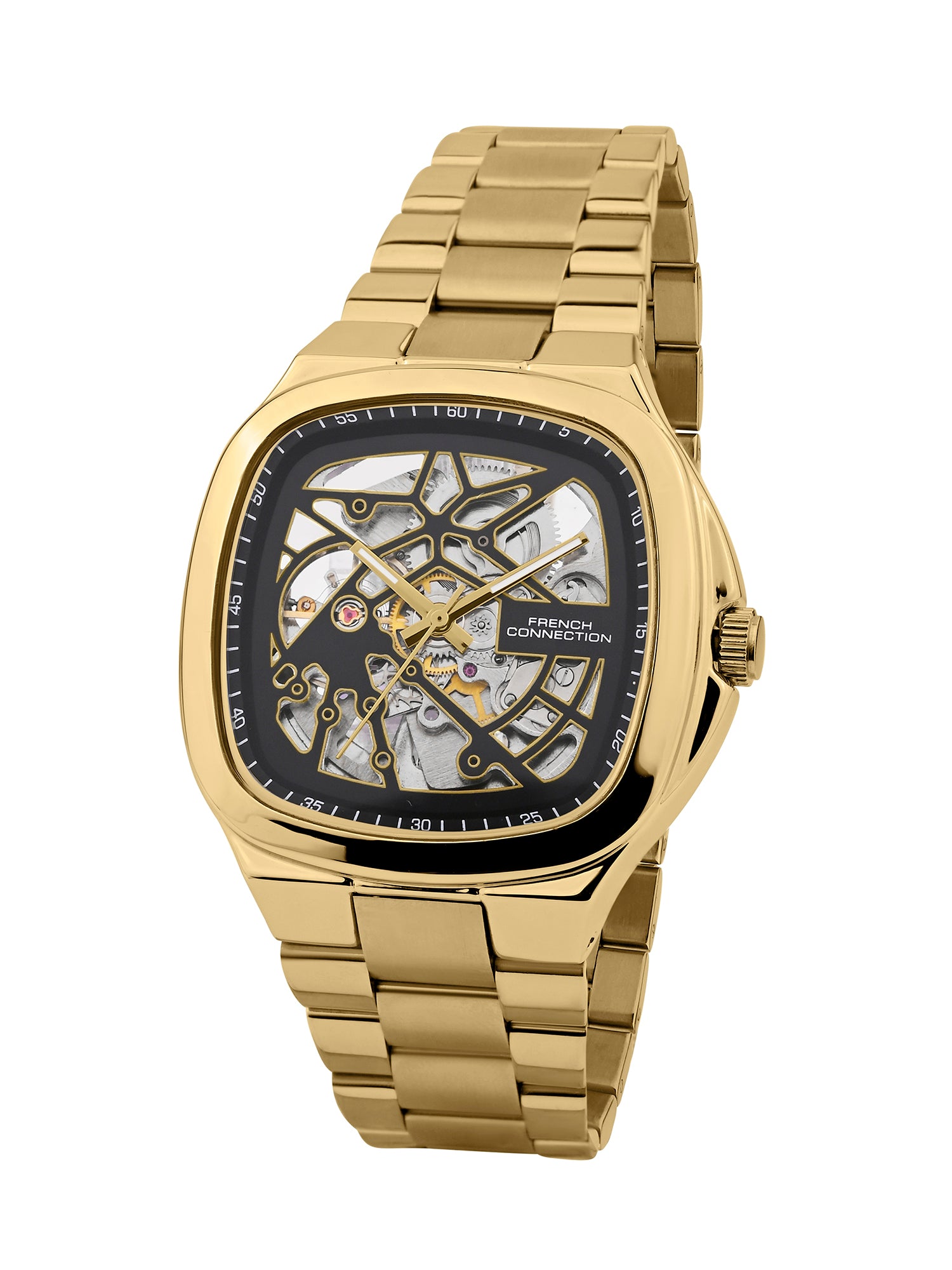 French Connection See Through Black Square Dial With Gold Stainless Steel  Strap Automatic Watch - For Mens FCA16GM