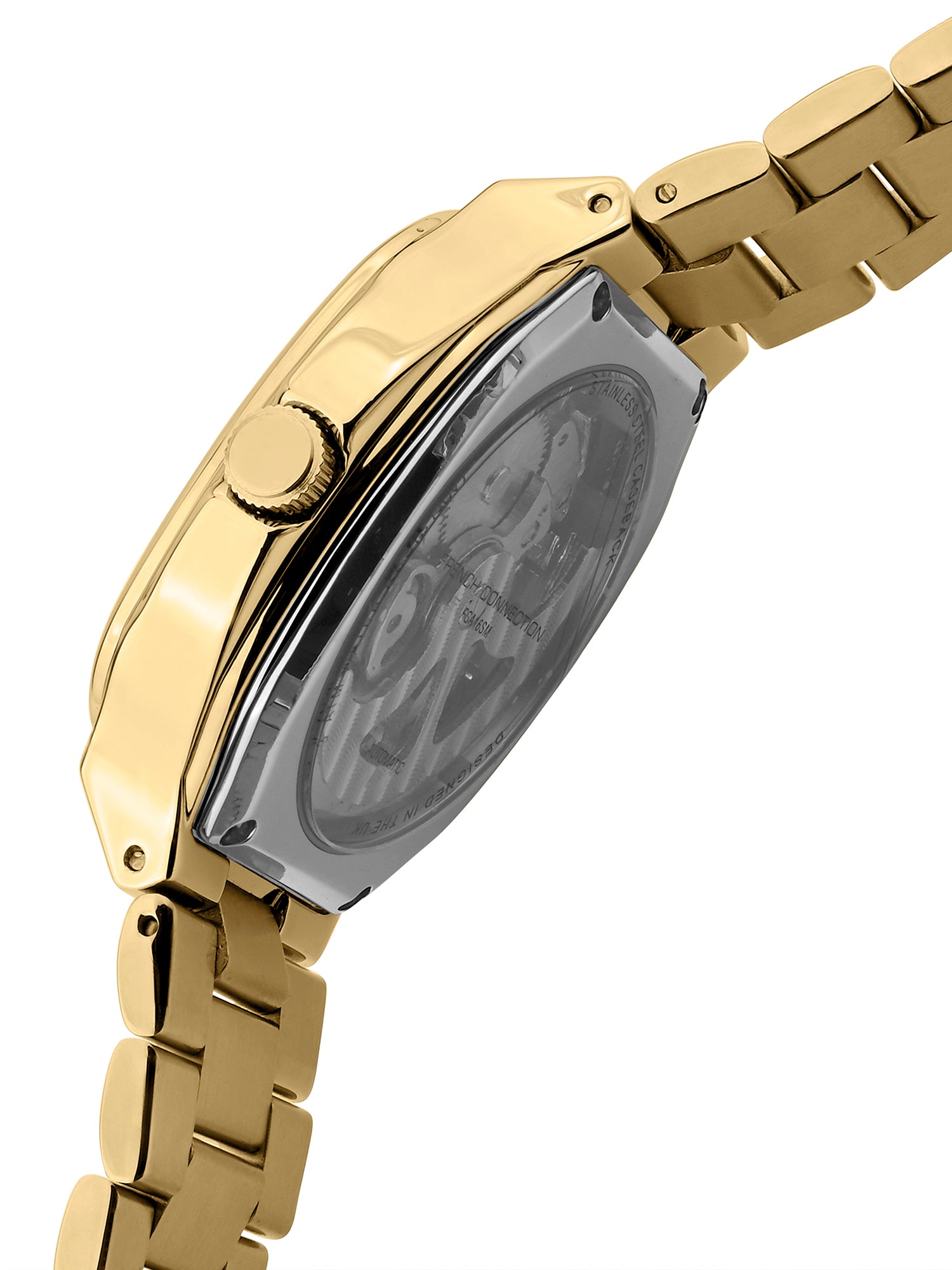 French Connection See Through Black Square Dial With Gold Stainless Steel  Strap Automatic Watch - For Mens FCA16GM