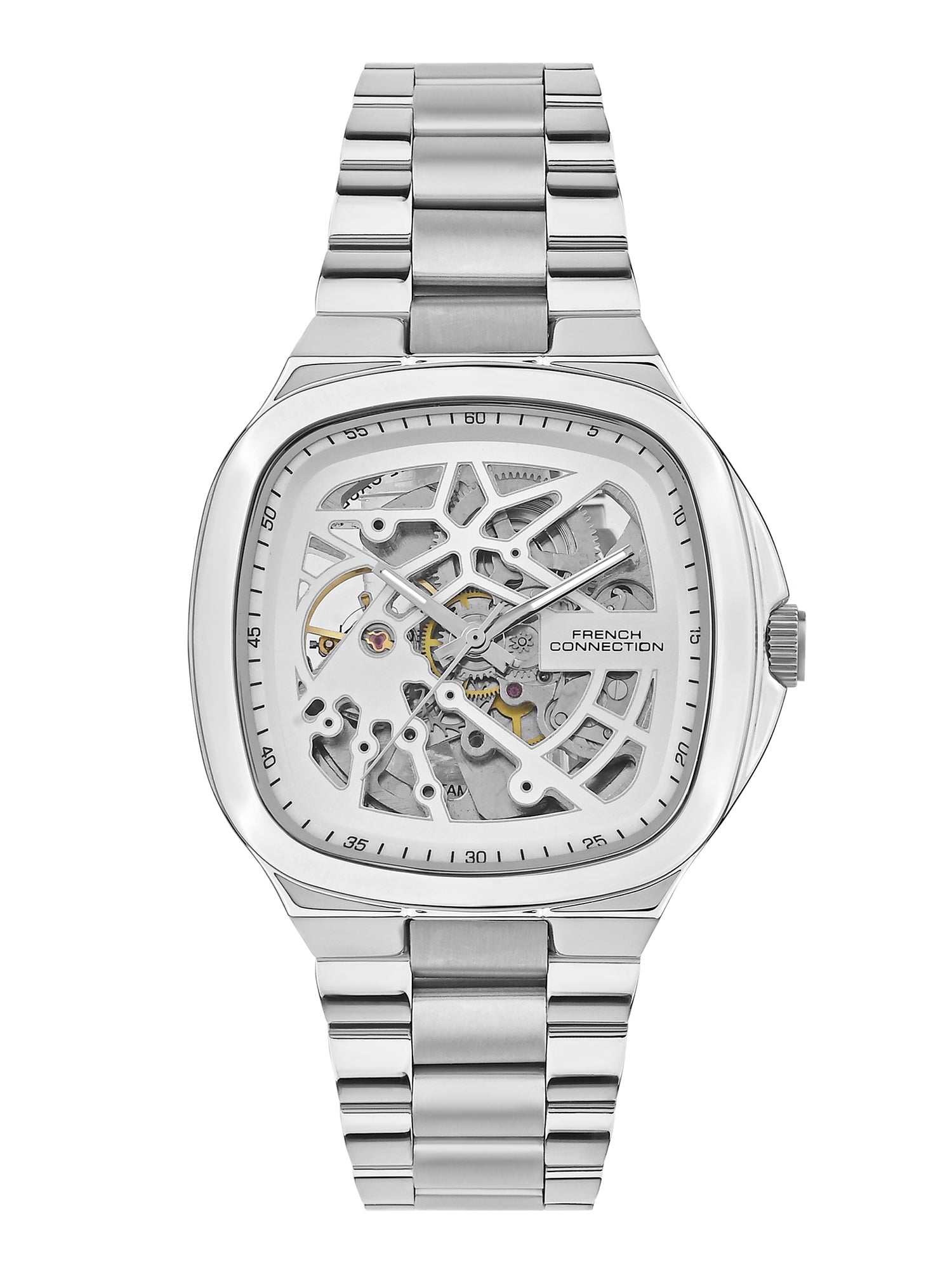 French Connection See Through Silver Square Dial With Stainless Steel Strap Automatic Watch - For Mens FCA16SM