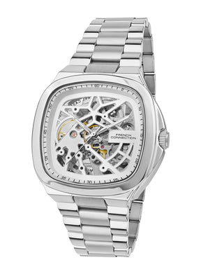 French Connection See Through Silver Square Dial With Stainless Steel Strap Automatic Watch - For Mens FCA16SM