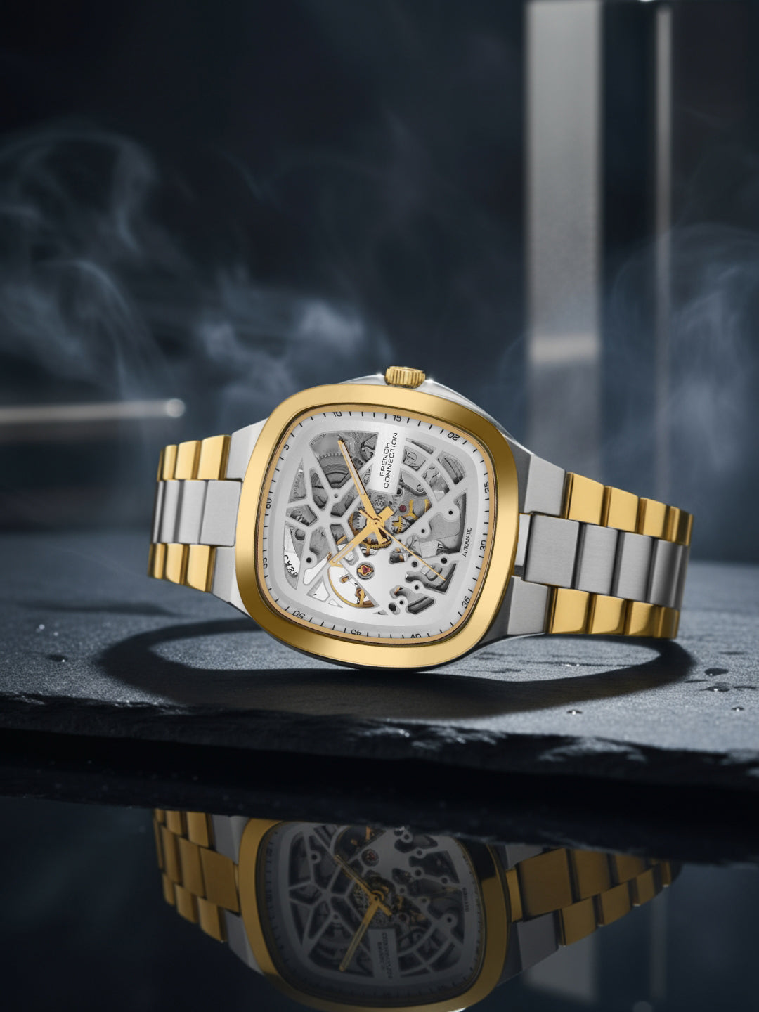 French Connection See Through Silver Square Dial With Gold Two Tone Stainless Steel Strap Automatic Watch - For Mens FCA16TM