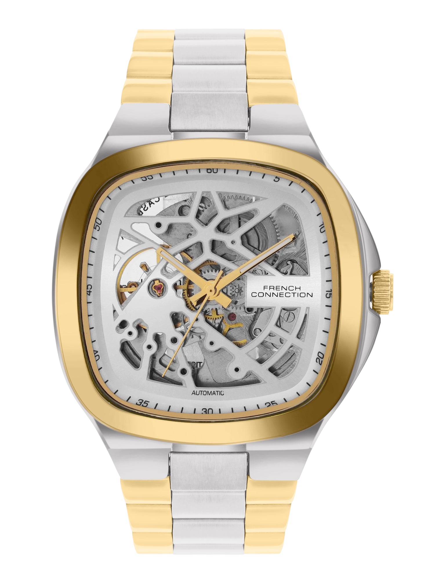 French Connection See Through Silver Square Dial With Gold Two Tone Stainless Steel Strap Automatic Watch - For Mens FCA16TM