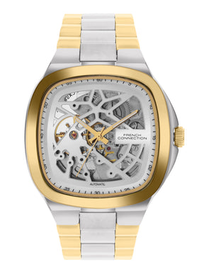 French Connection See Through Silver Square Dial With Gold Two Tone Stainless Steel Strap Automatic Watch - For Mens FCA16TM