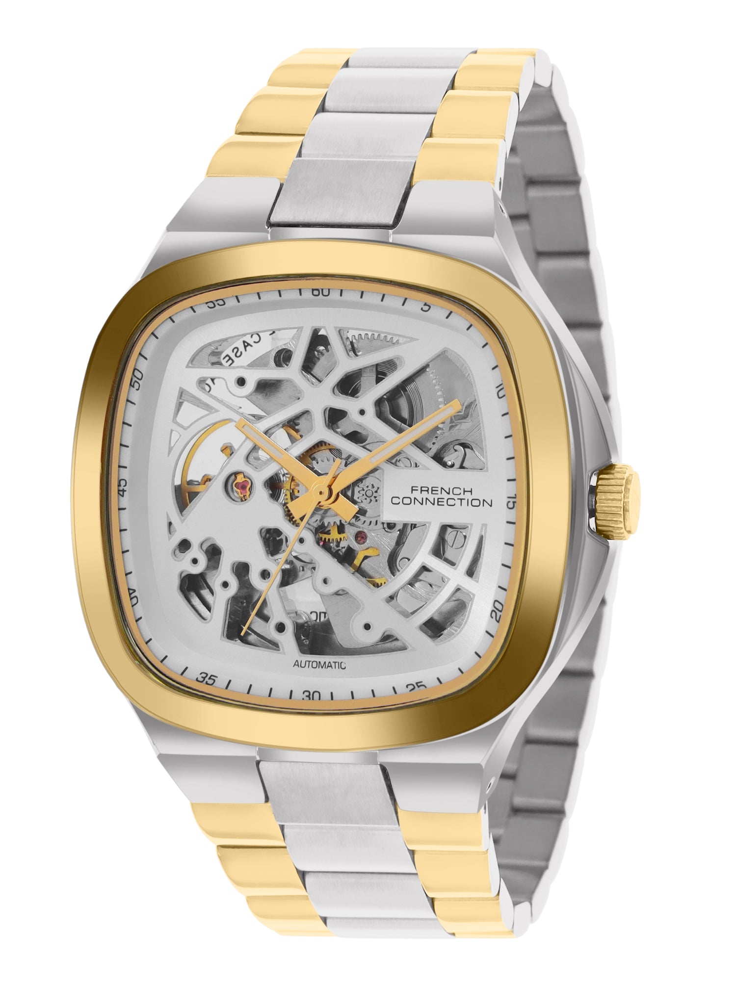 French Connection See Through Silver Square Dial With Gold Two Tone Stainless Steel Strap Automatic Watch - For Mens FCA16TM