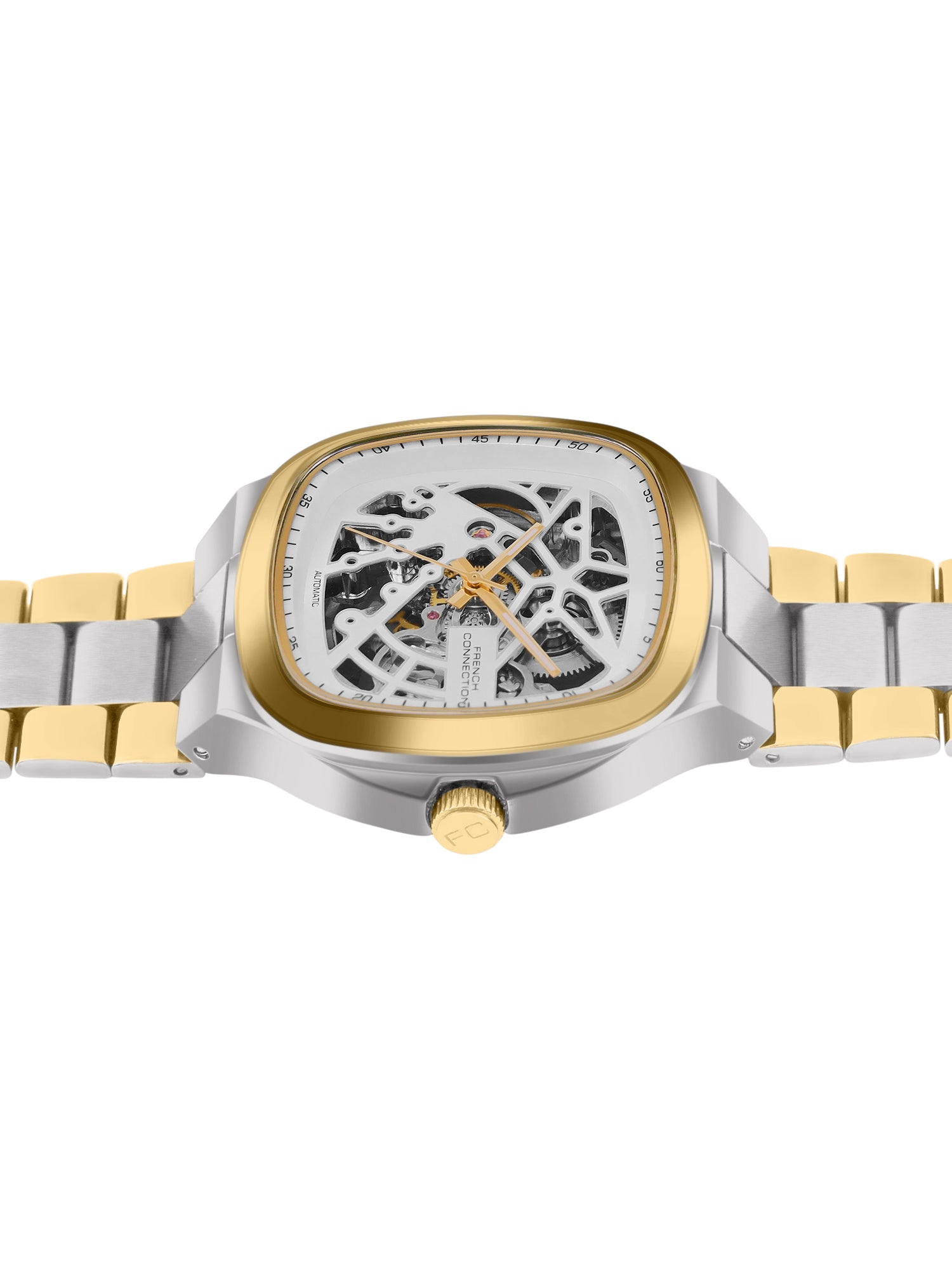 French Connection See Through Silver Square Dial With Gold Two Tone Stainless Steel Strap Automatic Watch - For Mens FCA16TM