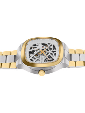 French Connection See Through Silver Square Dial With Gold Two Tone Stainless Steel Strap Automatic Watch - For Mens FCA16TM