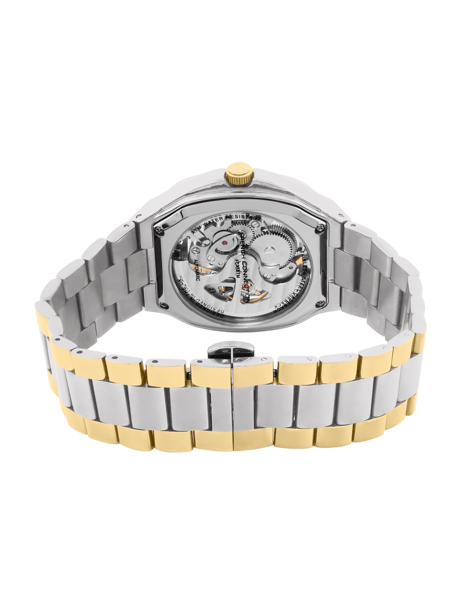 French Connection See Through Silver Square Dial With Gold Two Tone Stainless Steel Strap Automatic Watch - For Mens FCA16TM