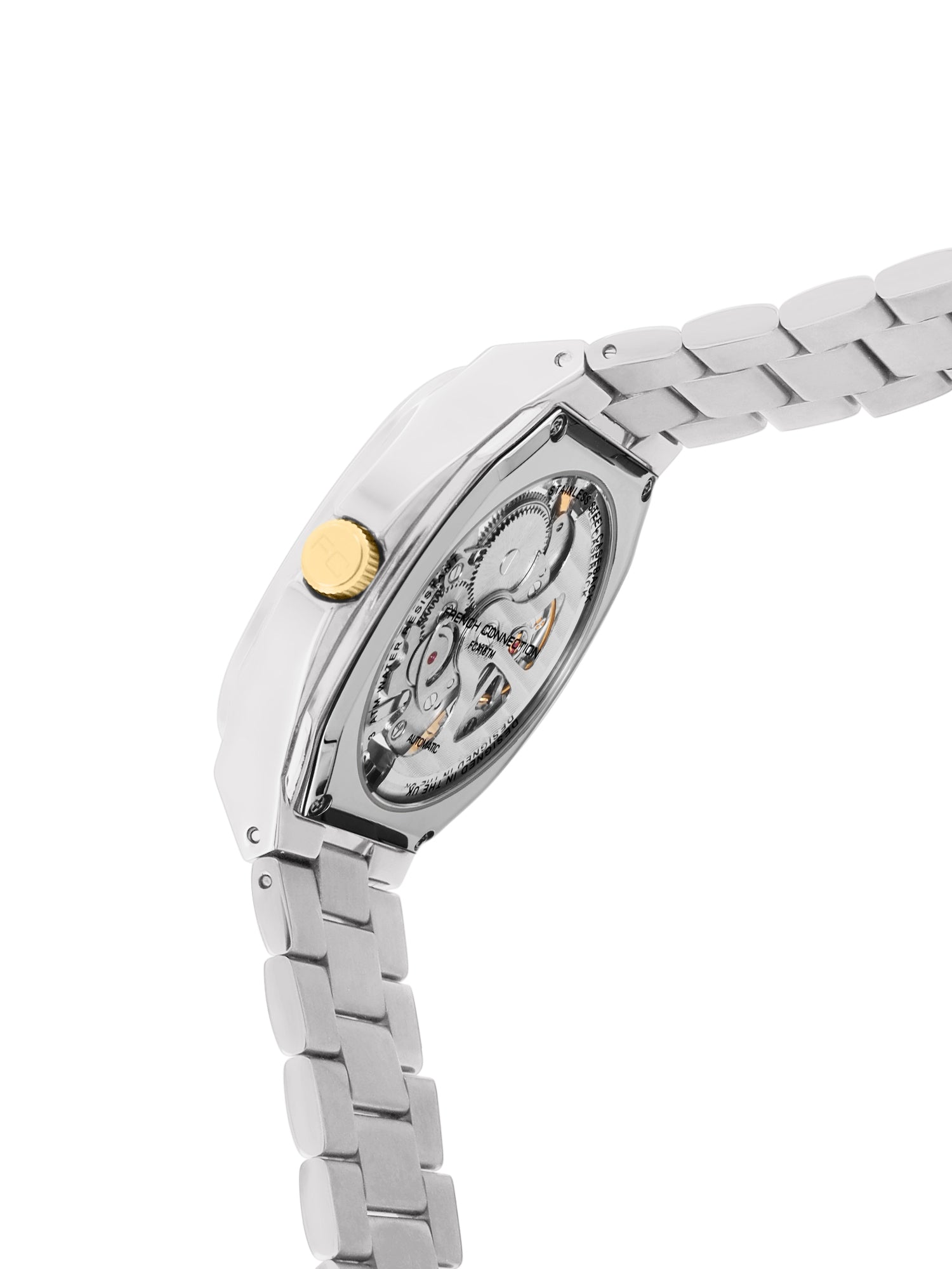 French Connection See Through Silver Square Dial With Gold Two Tone Stainless Steel Strap Automatic Watch - For Mens FCA16TM