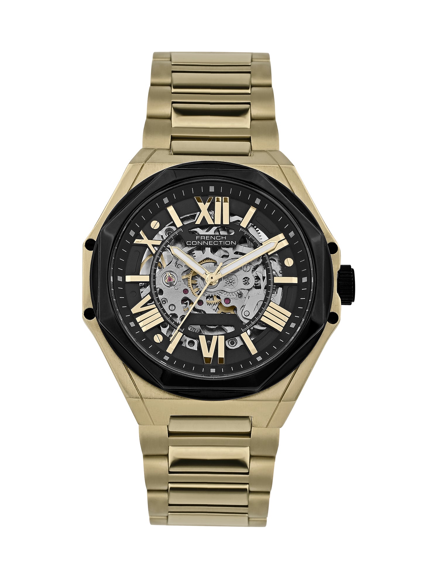 French Connection See Through Black Round Dial With Gold Stainless Steel Strap Automatic Watch - For Mens FCA17GM