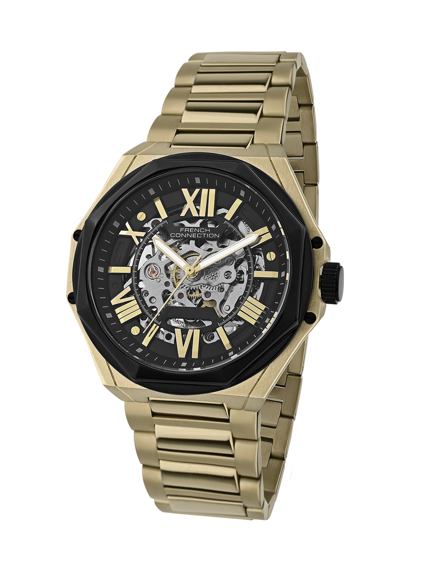 French Connection See Through Black Round Dial With Gold Stainless Steel Strap Automatic Watch - For Mens FCA17GM