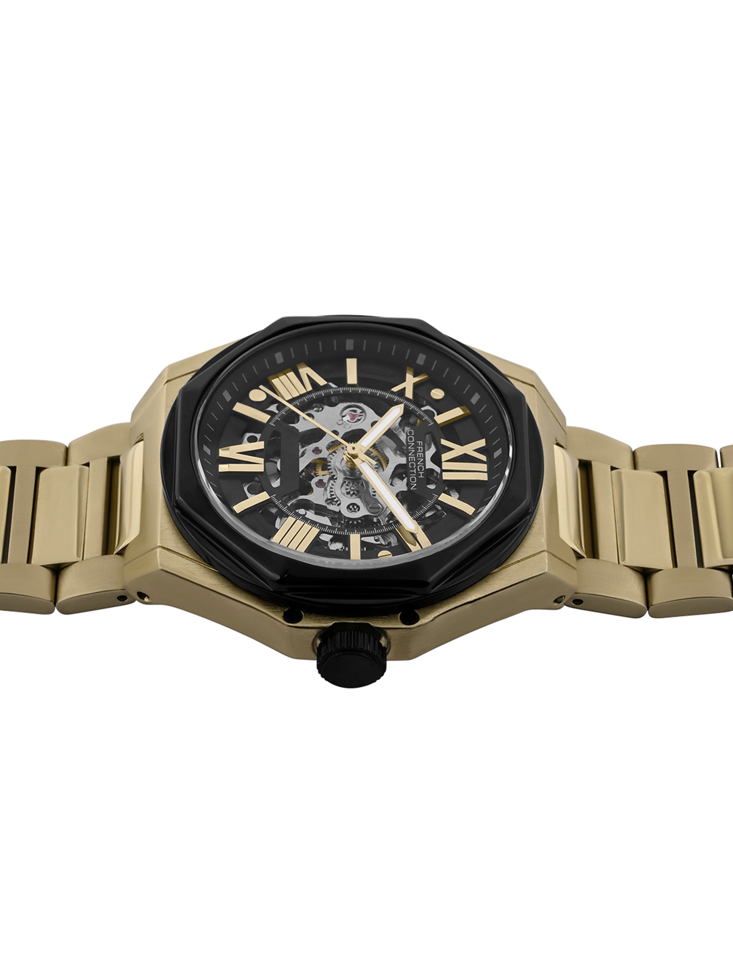 French Connection See Through Black Round Dial With Gold Stainless Steel Strap Automatic Watch - For Mens FCA17GM