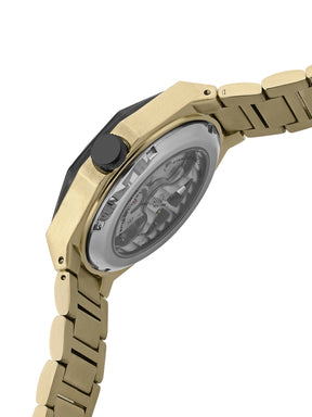 French Connection See Through Black Round Dial With Gold Stainless Steel Strap Automatic Watch - For Mens FCA17GM