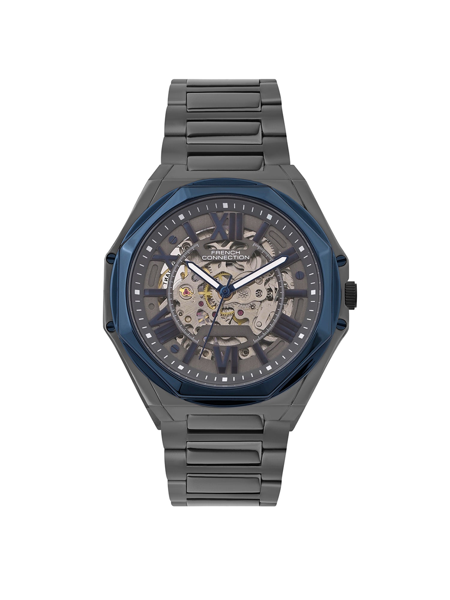 French Connection See Through Grey Round Dial With Gun Stainless Steel Strap Automatic Watch - For Mens FCA17GNM