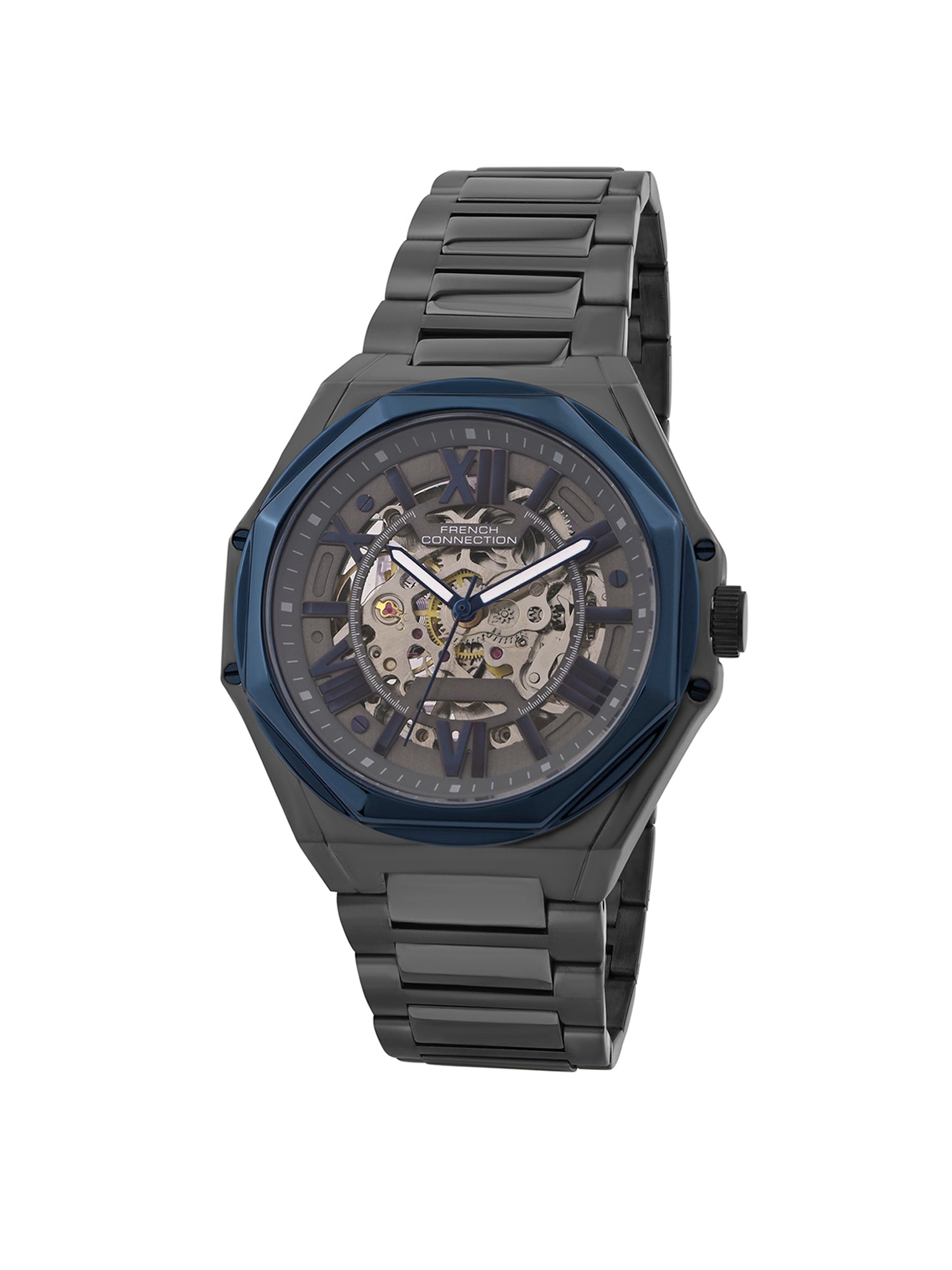 French Connection See Through Grey Round Dial With Gun Stainless Steel Strap Automatic Watch - For Mens FCA17GNM