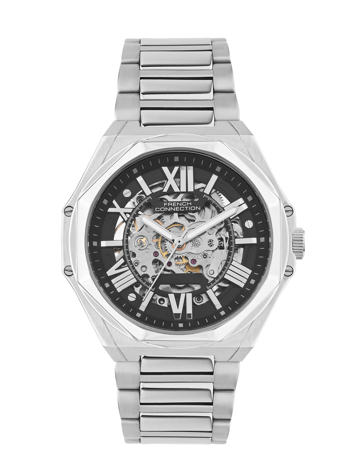 French Connection See Through Black Round Dial With Stainless Steel Strap Automatic Watch - For Mens FCA17SM