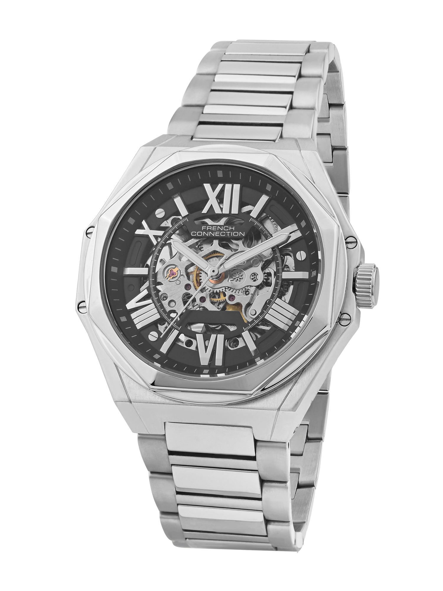 French Connection See Through Black Round Dial With Stainless Steel Strap Automatic Watch - For Mens FCA17SM