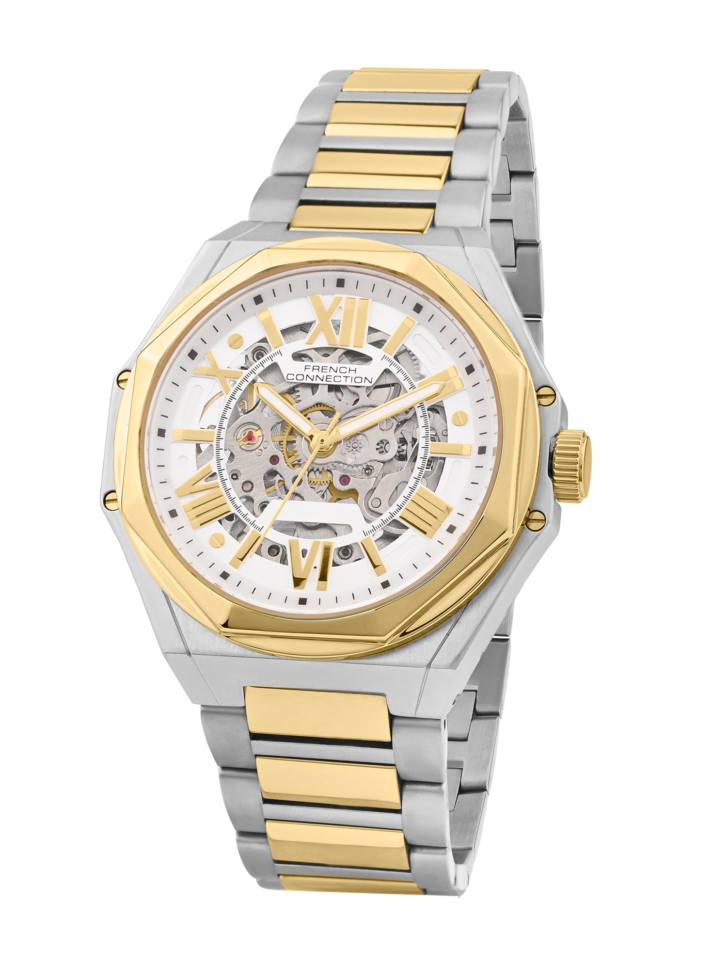 French Connection See Through Silver Round Dial With Gold Two Tone Stainless Steel  Strap Automatic Watch - For Mens FCA17TM