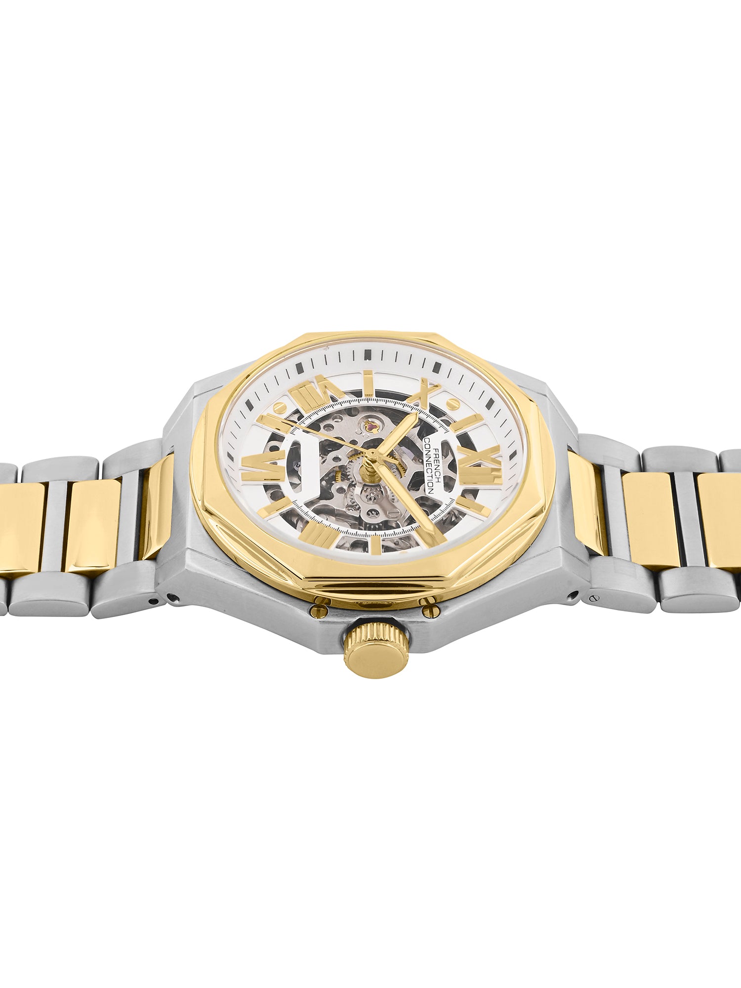 French Connection See Through Silver Round Dial With Gold Two Tone Stainless Steel  Strap Automatic Watch - For Mens FCA17TM