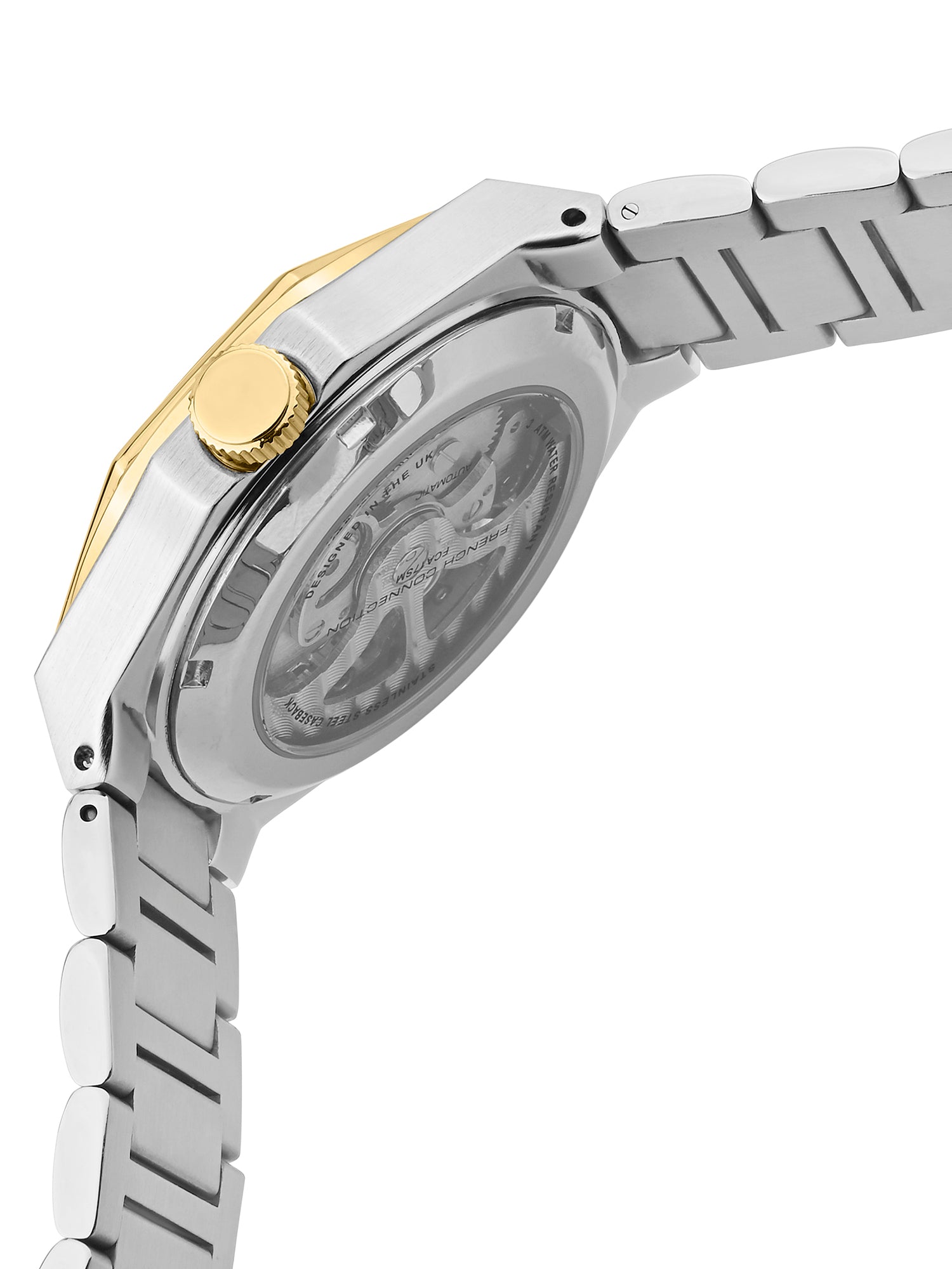 French Connection See Through Silver Round Dial With Gold Two Tone Stainless Steel  Strap Automatic Watch - For Mens FCA17TM