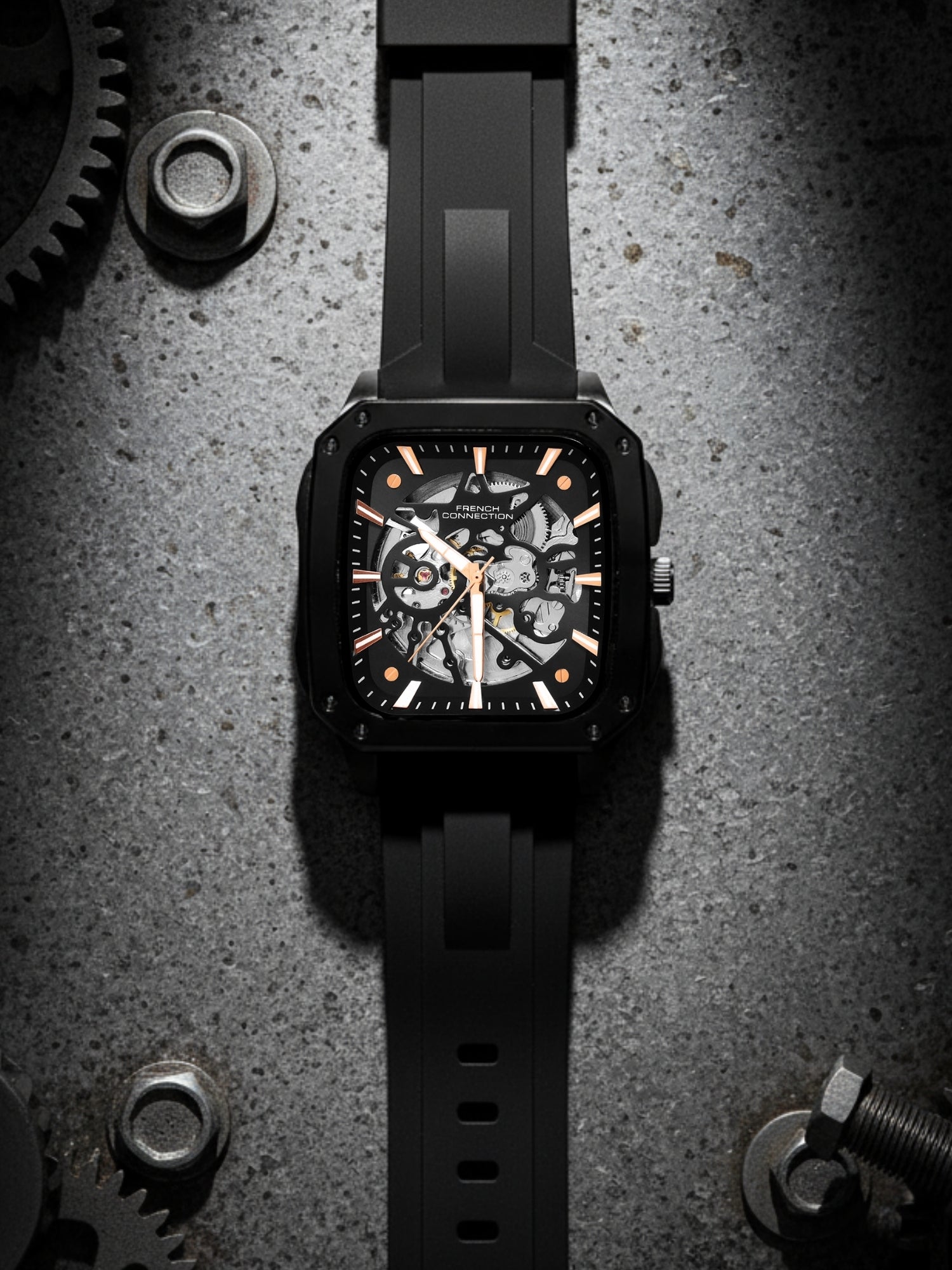 French Connection See Through Black Square Dial With Black Silicone Strap Automatic Watch - For Mens FCA18BBL