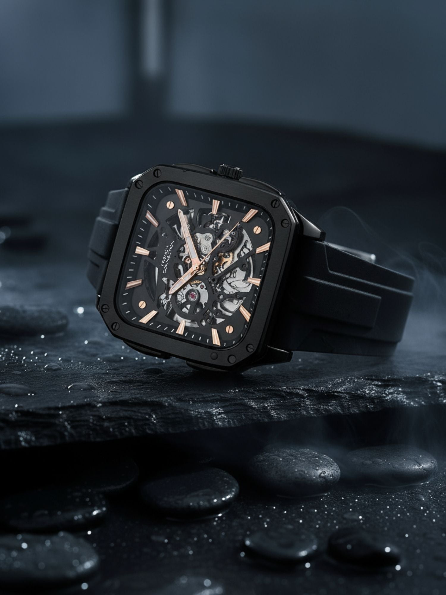 French Connection See Through Black Square Dial With Black Silicone Strap Automatic Watch - For Mens FCA18BBL