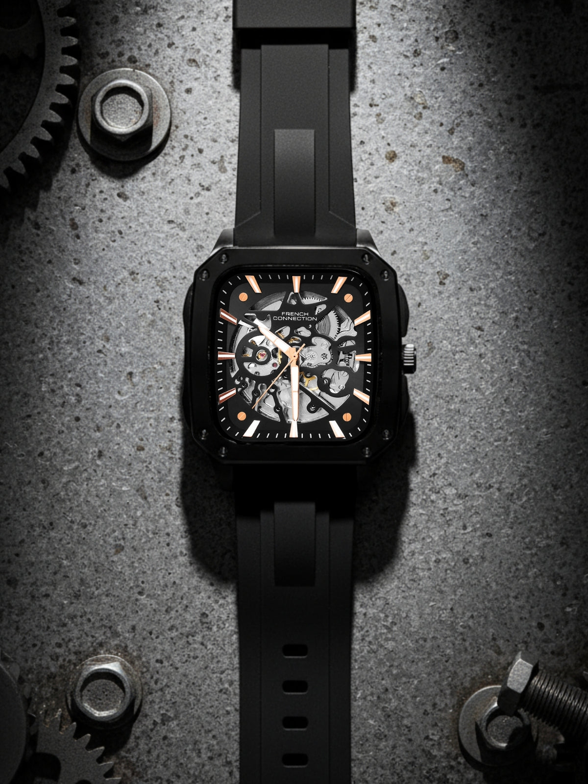 French Connection See Through Black Square Dial With Black Silicone Strap Automatic Watch - For Mens FCA18BBL