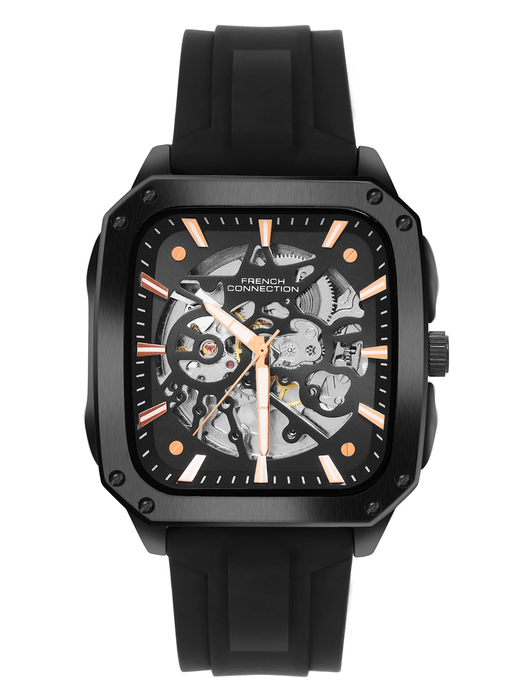 French Connection See Through Black Square Dial With Black Silicone Strap Automatic Watch - For Mens FCA18BBL