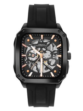 French Connection See Through Black Square Dial With Black Silicone Strap Automatic Watch - For Mens FCA18BBL