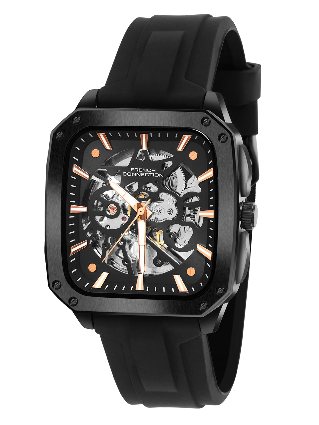 French Connection See Through Black Square Dial With Black Silicone Strap Automatic Watch - For Mens FCA18BBL