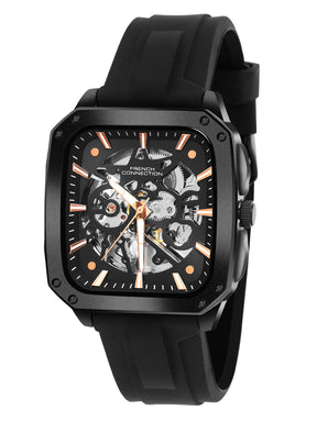 French Connection See Through Black Square Dial With Black Silicone Strap Automatic Watch - For Mens FCA18BBL