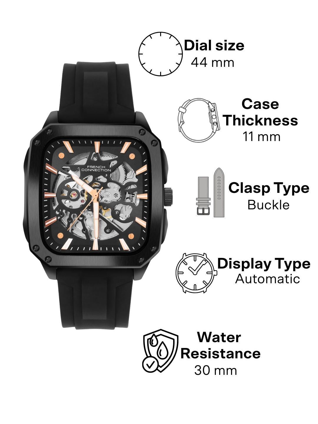 French Connection See Through Black Square Dial With Black Silicone Strap Automatic Watch - For Mens FCA18BBL