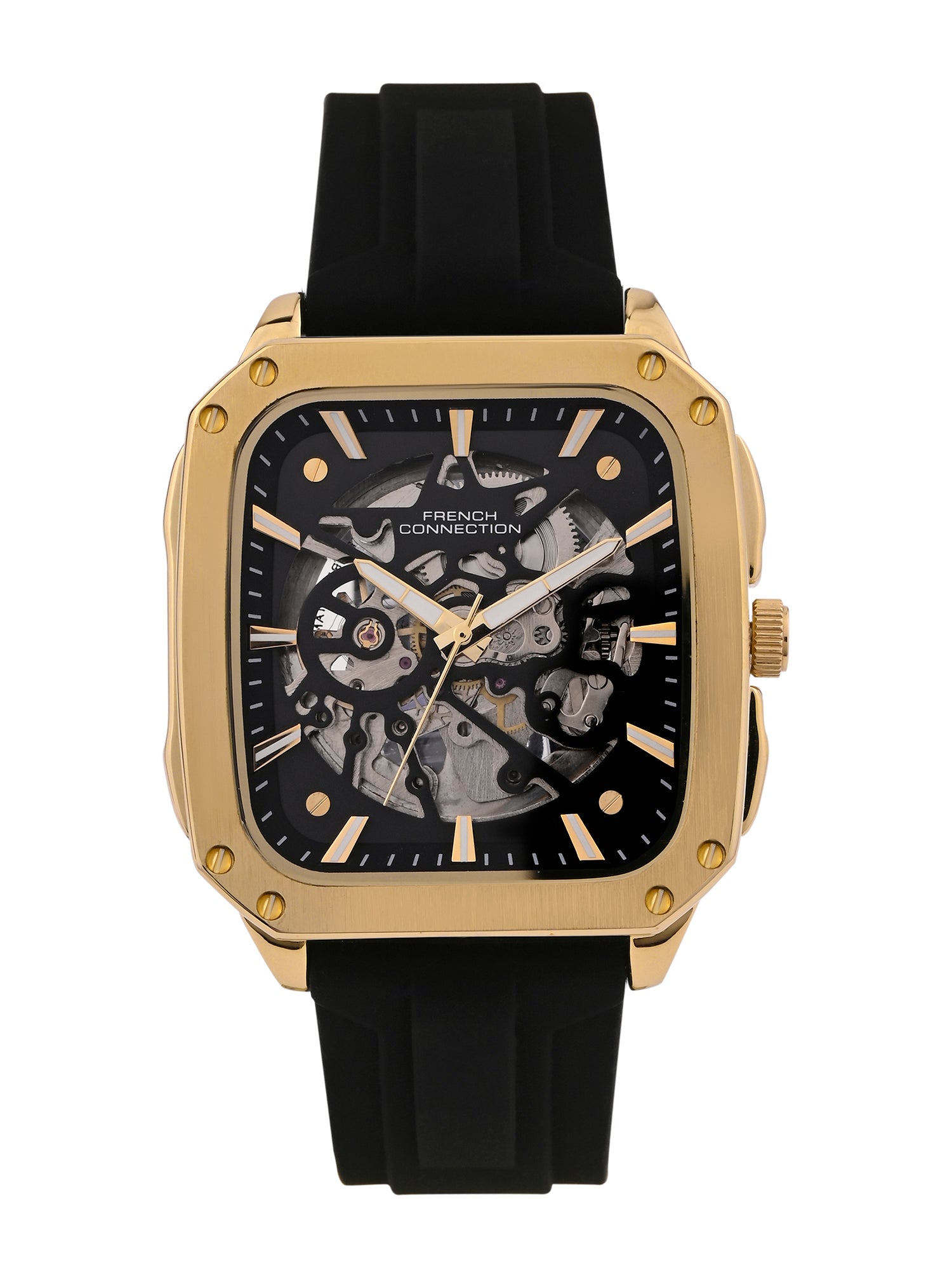 French Connection See Through Black Square Dial With Black Silicone Strap Automatic Watch - For Mens FCA18BL