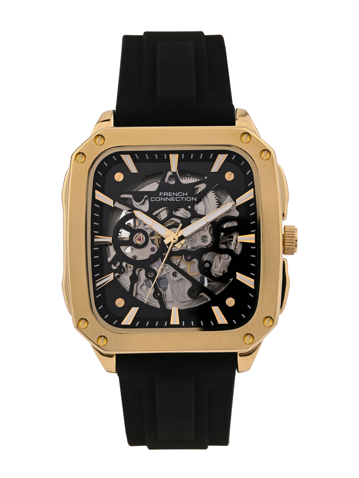 French Connection See Through Black Square Dial With Black Silicone Strap Automatic Watch - For Mens FCA18BL