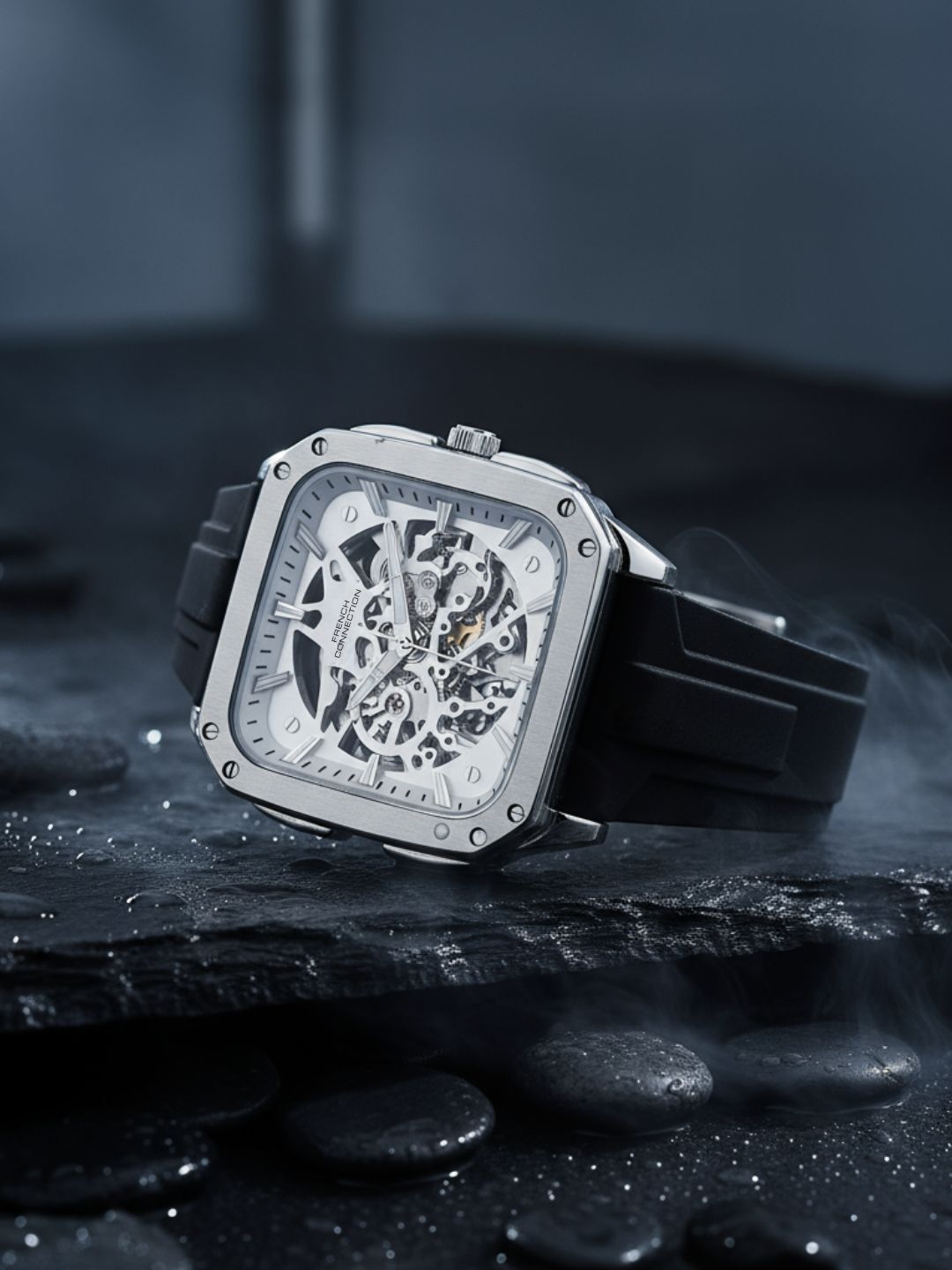 French Connection See Through Silver Square Dial With Black Silicone Strap Automatic Watch - For Mens FCA18SBL